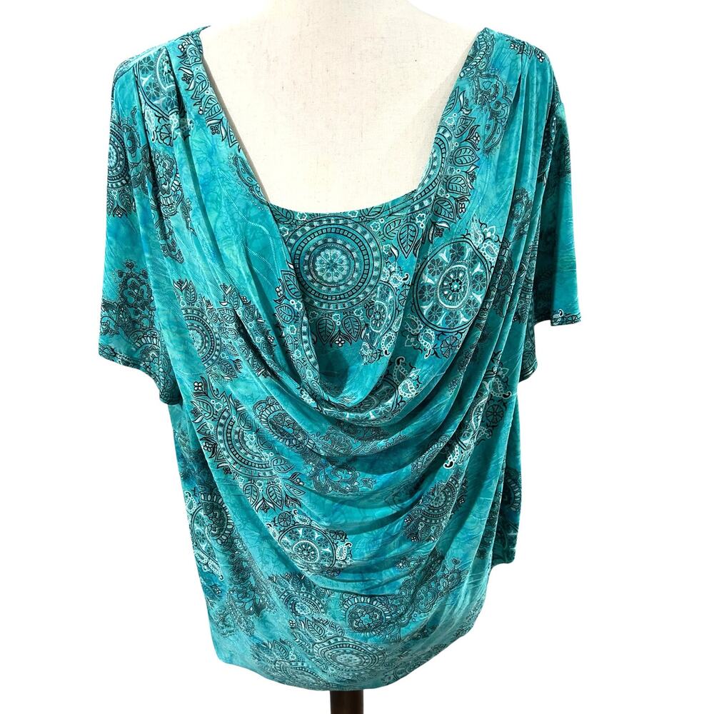 Dressbarn Teal Black Paisley Print Draped Layered Blouse Silver Accent Sz 2X EUC